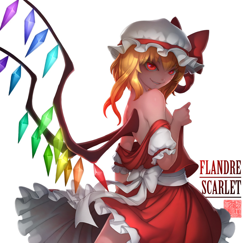 &gt;:) 1girl arm_at_side back bangs bare_shoulders bow breasts character_name colored_eyelashes cowboy_shot crystal flandre_scarlet frilled_skirt frills gradient gradient_hair hat hat_ribbon highres looking_at_viewer mob_cap multicolored_hair no_bra off_shoulder orange_hair puffy_short_sleeves puffy_sleeves red_eyes red_ribbon red_skirt red_vest ribbon sash shaded_face short_sleeves simple_background skirt skirt_set small_breasts smile smirk solo touhou vampire vest white_background white_bow white_hat wings zhaoyebai