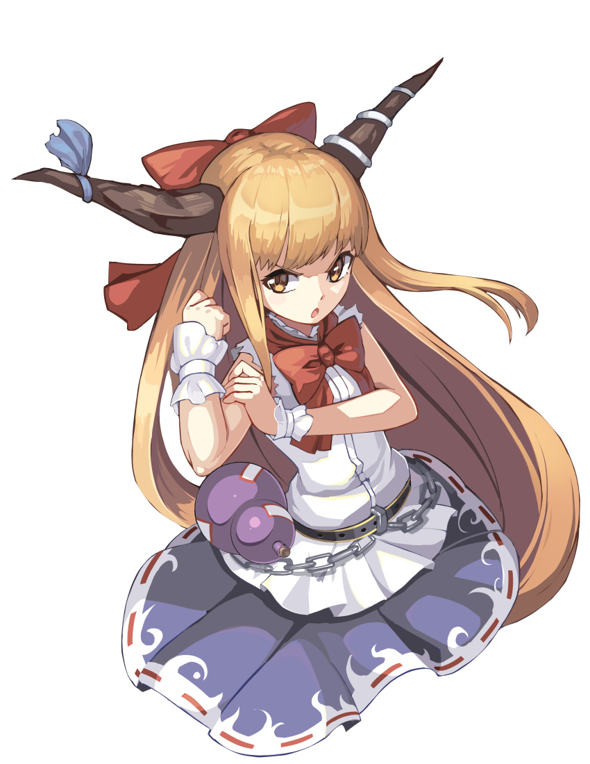 1girl absurdres bangs belt bow brown_eyes brown_hair chain clenched_hand fps gourd hand_on_own_arm hand_up highres horn_bow horn_ribbon horns ibuki_suika long_hair looking_to_the_side looking_up open_mouth purple_skirt ribbon ribbon-trimmed_skirt serious shiny shiny_hair shirt simple_background skirt sleeveless sleeveless_shirt solo torn_clothes torn_sleeves touhou upper_body very_long_hair white_background white_shirt wrist_cuffs