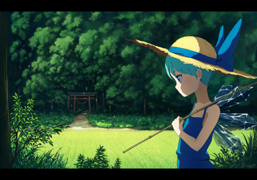 1girl adapted_costume alternate_hair_length alternate_hairstyle anime_coloring bare_arms blue_dress blue_eyes blue_hair carrying cirno dress expressionless forest hat hat_ribbon highres letterboxed looking_down meadow nature path pole profile ribbon road rope sasaj shimenawa short_hair shoulder_carry signature solo straw_hat sundress torii touhou very_short_hair wings