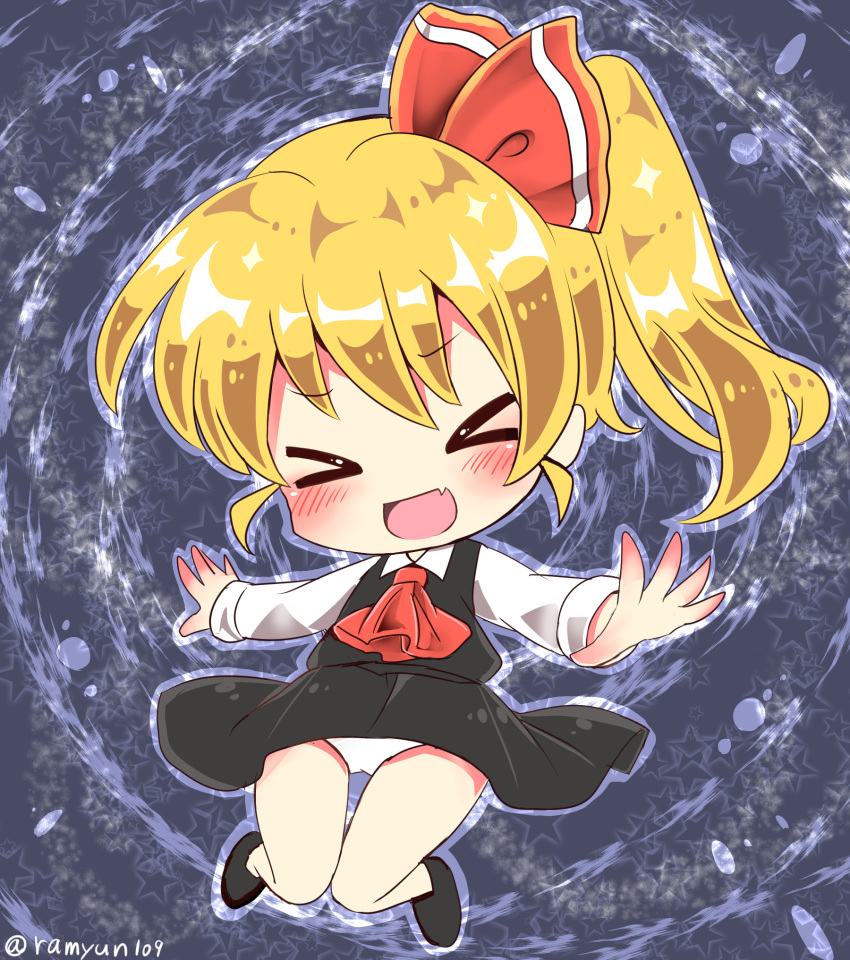 &gt;_&lt; 1girl :d \||/ alternate_hairstyle ascot black_dress black_shoes blonde_hair chibi closed_eyes dress fang hair_ribbon highres knees_together_feet_apart long_sleeves open_mouth outstretched_arms panties pantyshot ramudia_(lamyun) red_ribbon ribbon rumia shoes side_ponytail smile solo spread_arms touhou twitter_username underwear white_panties xd