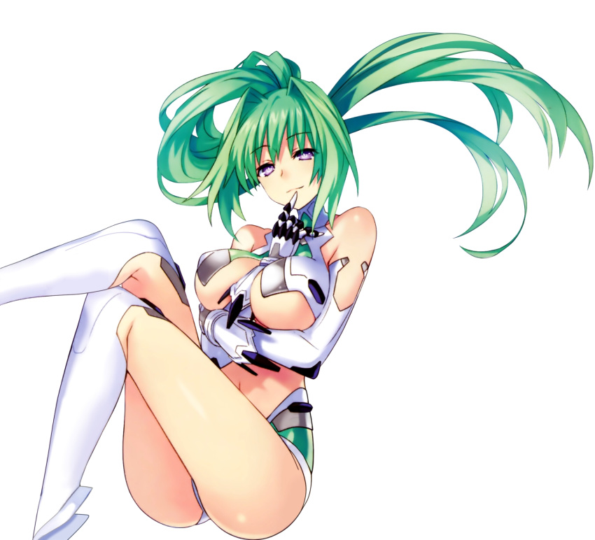 1girl bare_shoulders between_breasts bodysuit boots breasts choujigen_game_neptune closed_mouth crossed_legs elbow_gloves eyebrows eyebrows_visible_through_hair finger_to_mouth gloves green_hair green_heart hair_intakes hand_between_breasts head_tilt highres knee_boots large_breasts long_hair neptune_(series) ponytail power_symbol simple_background smile solo symbol-shaped_pupils thigh-highs tsunako vert very_long_hair violet_eyes white_background white_boots