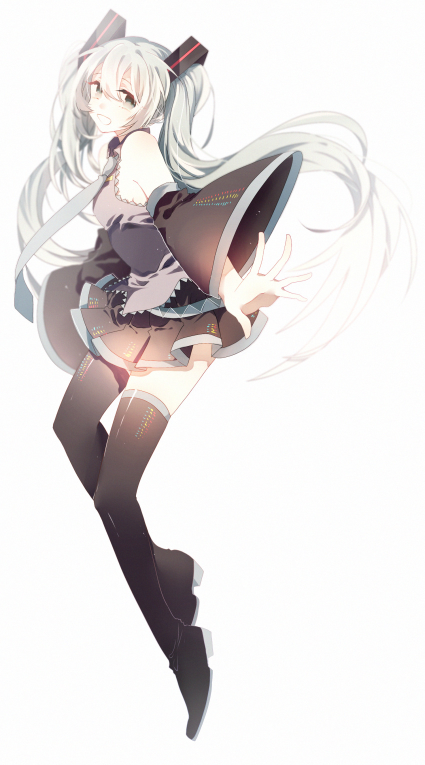 1girl absurdres boots detached_sleeves from_side hatsune_miku highres long_hair necktie open_mouth skirt solo thigh-highs thigh_boots twintails very_long_hair vocaloid white_background