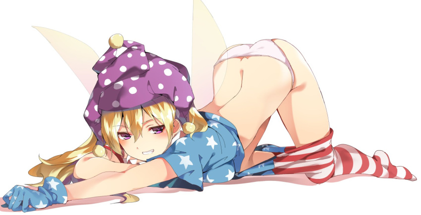 1girl all_fours american_flag_legwear american_flag_shirt arched_back ass blonde_hair blush breast_press breasts clownpiece commentary_request fairy_wings frilled_shirt_collar frills full_body gloves grin hasebe_yuusaku hat highres jester_cap long_hair looking_at_viewer medium_breasts panties pantyhose pantyhose_pull parted_lips pink_eyes polka_dot print_legwear short_sleeves smile solo star top-down_bottom-up touhou underwear white_panties wings
