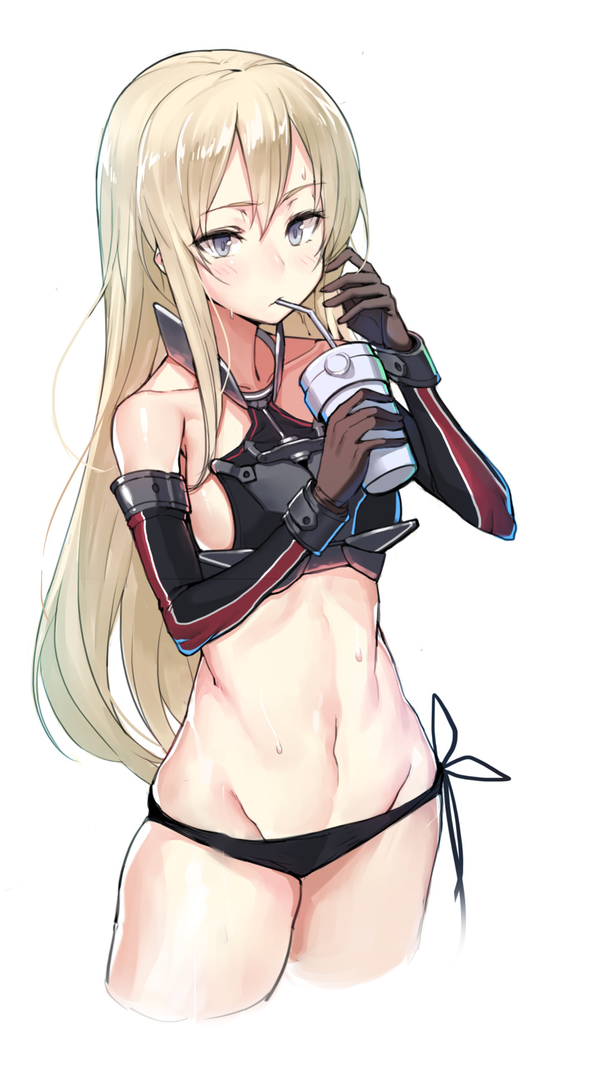 1girl absurdres adapted_costume battle_koala bismarck_(kantai_collection) blonde_hair blue_eyes brown_gloves cropped_legs detached_sleeves drinking gloves groin hair_between_eyes highres kantai_collection md5_mismatch midriff navel simple_background solo sweat white_background