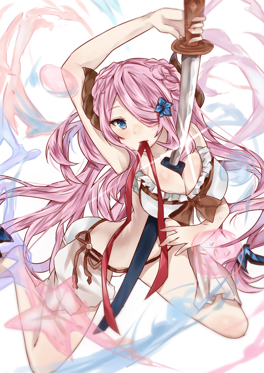 1girl absurdres arched_back arm_up between_breasts bikini blue_eyes blush breasts cleavage commentary_request doraf flower frilled_bikini frills granblue_fantasy hair_flower hair_ornament hair_over_one_eye highres horns hoshimiya_nazuna katana kneeling large_breasts lavender_hair long_hair looking_at_viewer mouth_hold narumeia_(granblue_fantasy) pink_hair pointy_ears red_ribbon ribbon ribbon_in_mouth scabbard sheath solo swimsuit sword unsheathing very_long_hair weapon white_background white_bikini