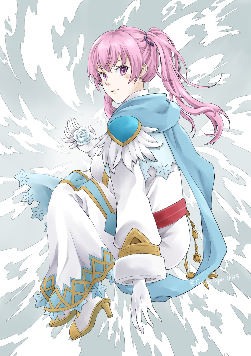 1girl absurdres blue_scarf commentary_request dress eyelashes fire_emblem fire_emblem:_the_blazing_blade flower gloves grey_background high_heels highres jewelry light_smile long_dress long_hair looking_back midori_no_baku pink_eyes pink_hair scarf serra_(fire_emblem) solo twintails white_dress white_flower white_gloves yellow_footwear