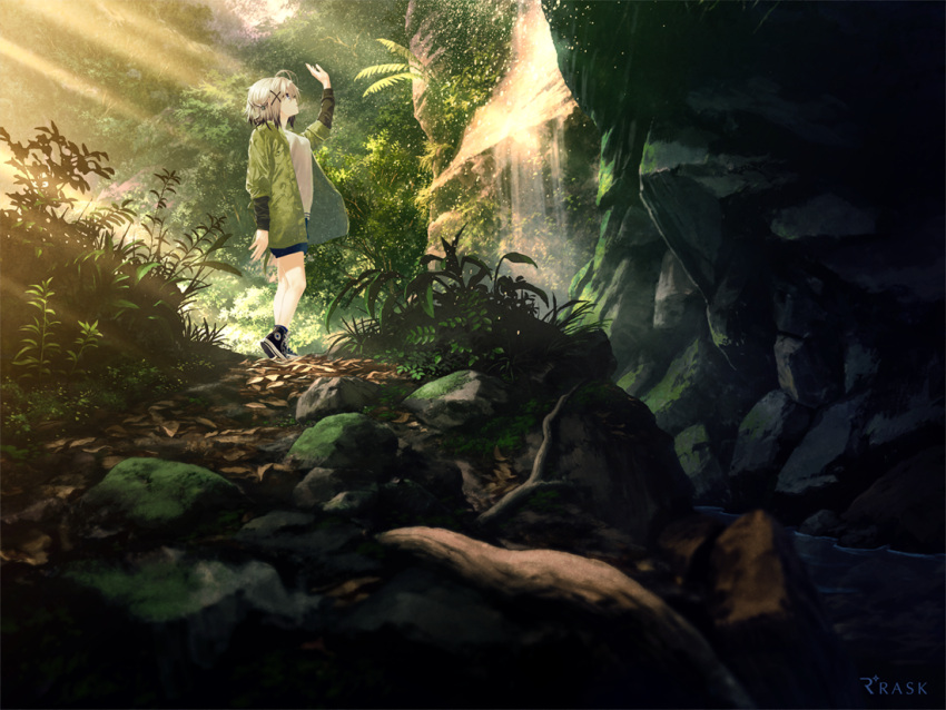 1girl antenna_hair black_hair blonde_hair converse fern forest hair_ornament hairclip jacket landscape multicolored_hair nature original rock scenery shorts stream technoheart two-tone_hair