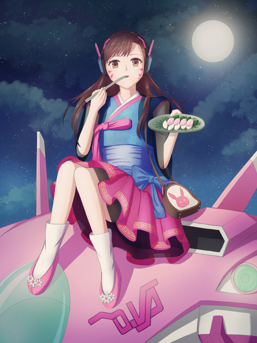 1girl bag bangs brown_eyes brown_hair bunny_print character_name chopsticks clouds cloudy_sky d.va_(overwatch) eating facepaint facial_mark fingernails full_moon hand_up headphones highres holding holding_plate korean_clothes lili long_hair looking_at_viewer mecha meka_(overwatch) moon night night_sky obi overwatch pink_shoes plate sash shoes shoulder_bag sitting skirt sky solo star_(sky) starry_sky traditional_clothes whisker_markings white_legwear
