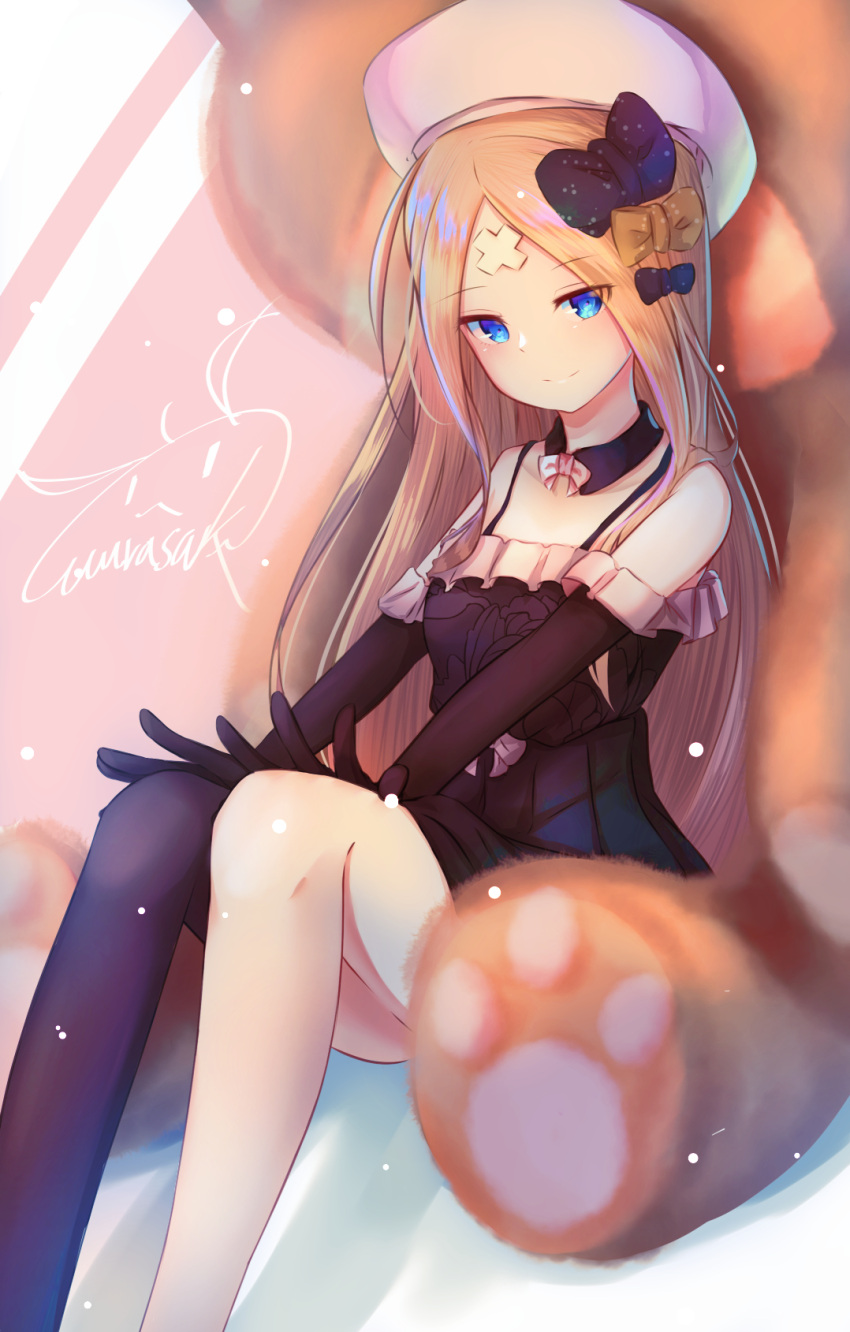 1girl abigail_williams_(fate/grand_order) bandaid_on_forehead bangs bare_shoulders black_bow black_dress black_gloves black_legwear blonde_hair blue_eyes blush bow breasts crossed_bandaids detached_collar dress elbow_gloves fate/grand_order fate_(series) forehead gloves hair_bow hat highres long_hair looking_at_viewer multiple_bows orange_bow oversized_object parted_bangs purple_(jobseeking) short_dress signature single_thighhigh sitting small_breasts smile solo stuffed_animal stuffed_toy teddy_bear thigh-highs thighs white_headwear