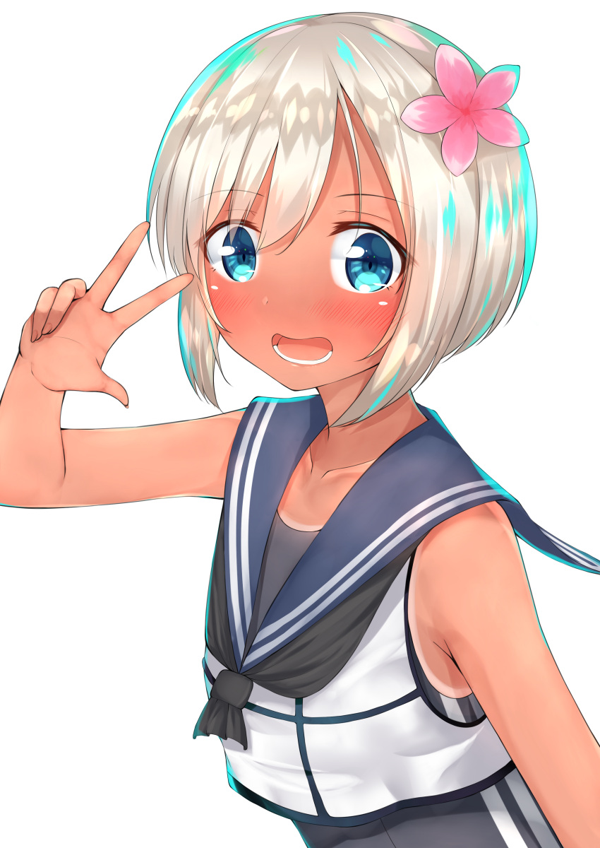 1girl absurdres alternate_hair_length alternate_hairstyle blonde_hair blue_eyes bob_cut commentary_request crop_top flower go-1 hair_flower hair_ornament highres kantai_collection looking_at_viewer one-piece_tan ro-500_(kantai_collection) sailor_collar school_swimsuit short_hair solo swimsuit swimsuit_under_clothes tan tanline upper_body w