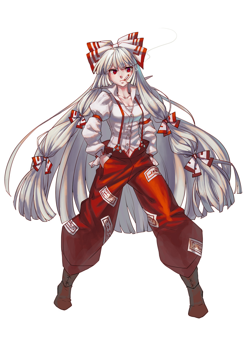 1girl boots bow breasts cigarette cleavage deyezi fujiwara_no_mokou hair_bow hair_ribbon hands_in_pockets high_collar highres long_hair navel pants red_eyes ribbon shirt silver_hair simple_background smoke smoking solo spread_legs suspenders touhou very_long_hair white_background