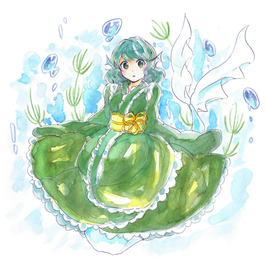 1girl blue_hair bubble faux_traditional_media green_hair head_fins highres japanese_clothes kimono mermaid monster_girl open_mouth plant solo tama_(hiroshige_36) touhou underwater wakasagihime