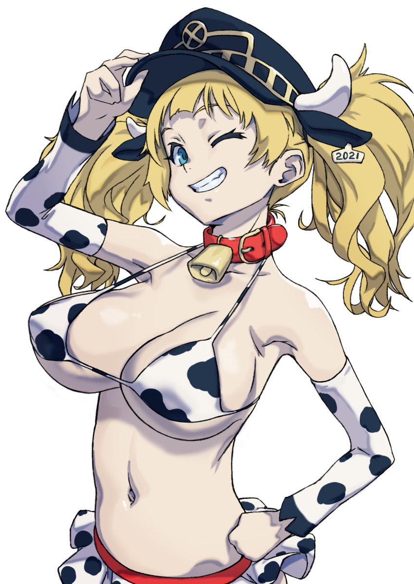 1girl 2021 animal_ears animal_print arad_baranga arm_up bell bikini blonde_hair blue_eyes breasts chinese_zodiac collar collarbone covered_nipples cow_horns cow_print cowbell detached_sleeves ear_tag fake_animal_ears hand_on_headwear hand_on_hip highres horns horns_through_headwear large_breasts long_hair navel neck_bell one_eye_closed red_collar shingeki_no_bahamut simple_background skirt smile solo swimsuit teeth twintails white_background white_horns year_of_the_ox