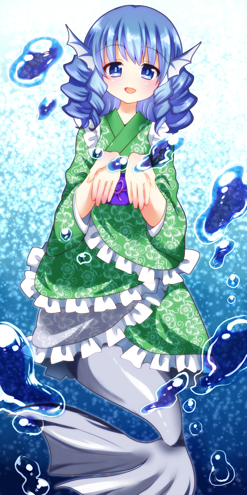 1girl absurdres blue_eyes blue_hair bubble butterfly_print chako_(chakoxxx) drill_hair floral_print gradient gradient_background head_fins highres japanese_clothes kimono looking_at_viewer mermaid monster_girl obi open_hands open_mouth sash short_hair short_kimono solo touhou underwater unmoving_pattern wakasagihime