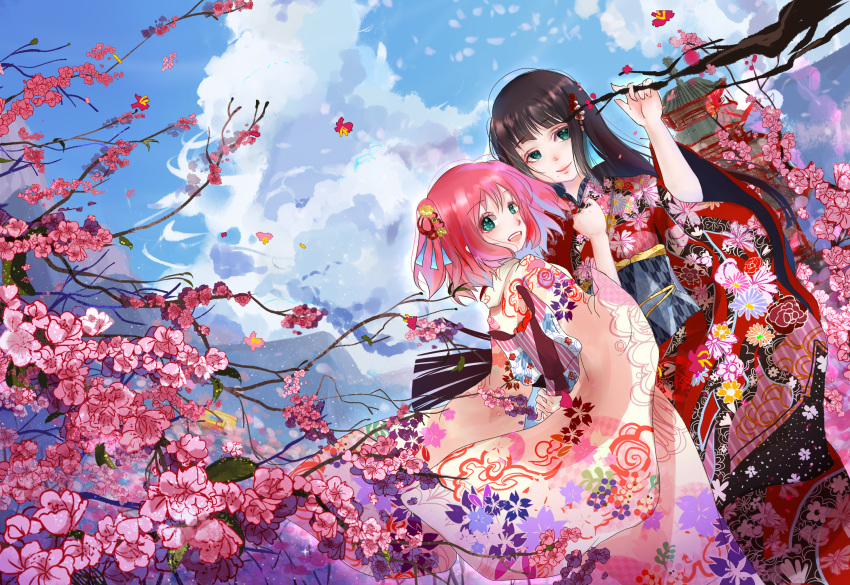 2girls :d aqua_eyes architecture artist_request bangs blue_sky blunt_bangs branch brown_hair cherry_blossoms clouds commentary_request demizu_reiko dutch_angle east_asian_architecture floral_print highres japanese_clothes kimono kurosawa_dia kurosawa_ruby long_hair looking_at_viewer love_live! love_live!_sunshine!! multiple_girls open_mouth outdoors pink_hair short_hair sky smile