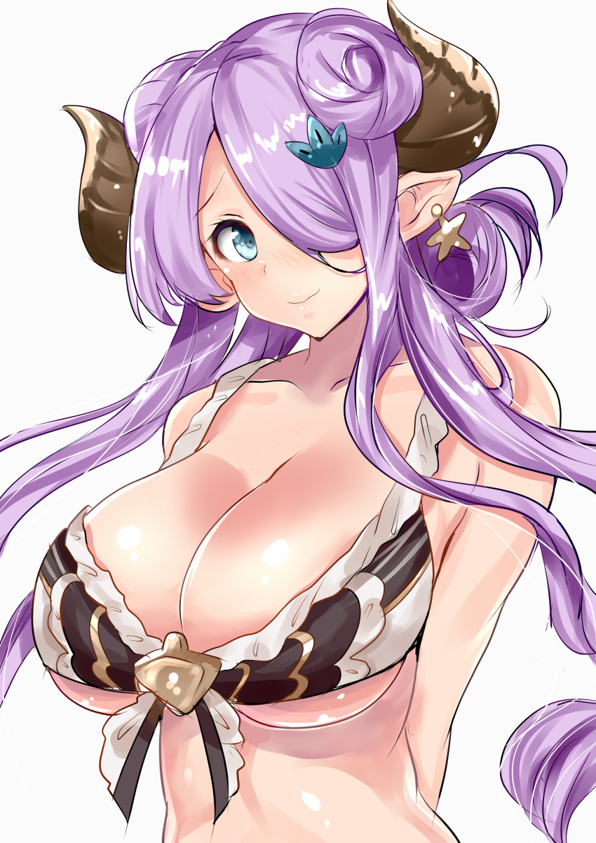 1girl absurdres arms_behind_back bikini blue_eyes blush breasts cleavage collarbone commentary_request demon_horns doraf front-tie_bikini front-tie_top granblue_fantasy hair_ornament hair_over_one_eye hair_rings highres horns large_breasts lavender_hair long_hair looking_at_viewer narumeia_(granblue_fantasy) pointy_ears sankakusui_(deltawhite) shiny shiny_skin simple_background smile solo swimsuit white_background white_bikini