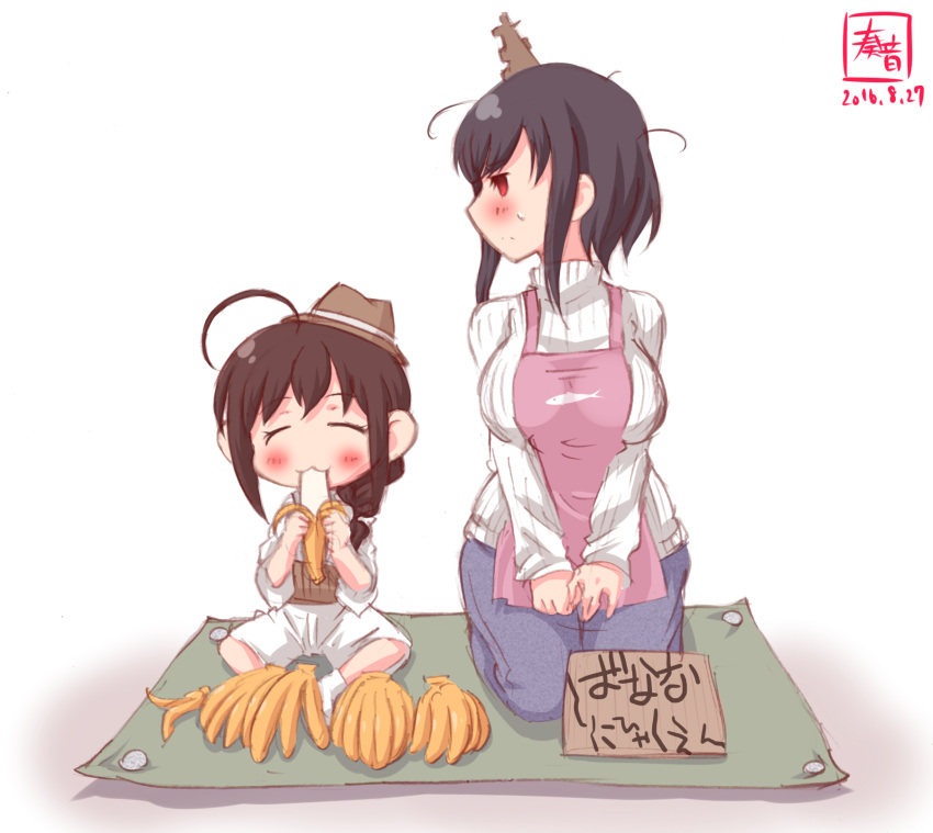 2girls :3 ahoge alternate_costume apron artist_name banana banana_peel black_hair blush braid breasts brown_hair casual commentary_request dated denim eating food fruit hair_ornament hair_over_shoulder hands_on_thighs hat headgear highres holding holding_fruit jeans kanon_(kurogane_knights) kantai_collection large_breasts long_sleeves looking_away multiple_girls pants pink_apron red_eyes seiza shigure_(kantai_collection) short_hair short_sleeves shorts simple_background single_braid sitting smile translated v_arms white_background white_legwear yamashiro_(kantai_collection) younger