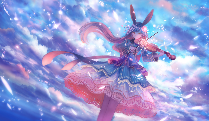 1girl animal_ears brown_hair clouds cloudy_sky commentary dress dutch_angle flower frilled_dress frills gown hair_flower hair_ornament headdress instrument light_particles long_hair looking_at_viewer music original playing_instrument rabbit_ears sakimori_(hououbds) sky solo sunrise violin wind