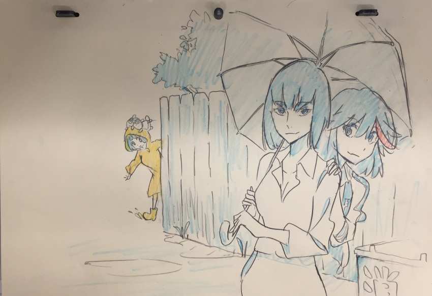 3girls absurdres animal animal_on_head bangs boots breasts casual cleavage colored_pencil_(medium) commentary eyebrows fence guts_(kill_la_kill) hand_on_another's_shoulder highres holding holding_umbrella hood_up jacket kill_la_kill kiryuuin_satsuki looking_at_viewer low_neckline mankanshoku_mako matoi_ryuuko multiple_girls photo puddle puffy_sleeves raincoat rubber_boots short_hair simple_background sketch skirt smile splashing sushio sweater thick_eyebrows traditional_media tree umbrella wooden_fence