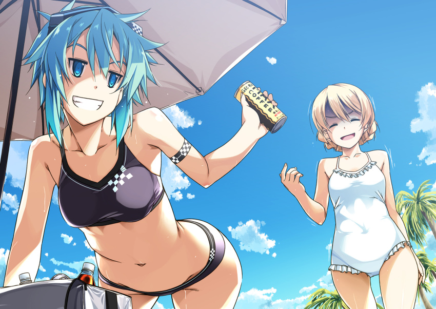 2girls aqua_eyes aqua_hair armband bangs bikini black_bikini blonde_hair blue_eyes bottle braid can casual_one-piece_swimsuit closed_eyes clouds cloudy_sky coffee crossover darjeeling day frilled_swimsuit frills girls_und_panzer grin hair_ornament highres holding leaning_forward looking_at_another looking_back multiple_girls one-piece_swimsuit open_mouth outdoors print_bikini shikei shinon_(sao) short_hair sky smile standing swimsuit sword_art_online teasing tied_hair trembling twin_braids wet white_swimsuit