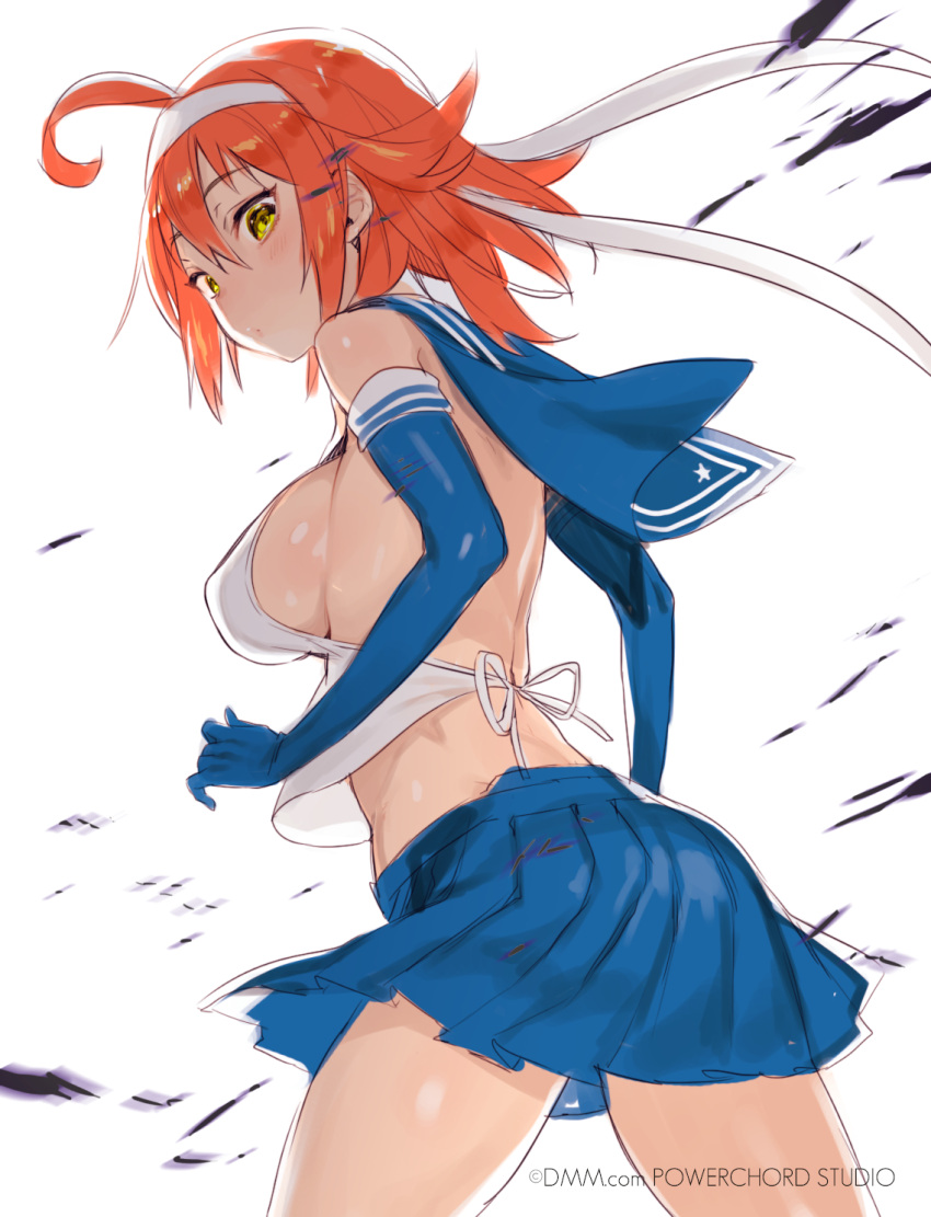 1girl ahoge back blue_gloves blue_skirt breasts covered_nipples elbow_gloves gloves hairband highres looking_at_viewer nito_(siccarol) orange_hair pleated_skirt sailor_collar short_hair sideboob skirt solo yellow_eyes