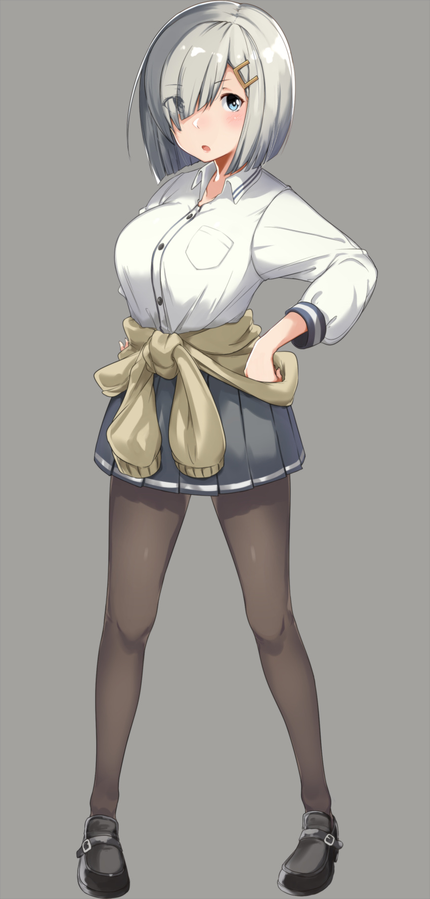 1girl :o absurdres black_legwear black_shoes blue_eyes blush breasts buttons clothes_around_waist eyes_visible_through_hair full_body grey_background grey_skirt hair_ornament hair_over_one_eye hairclip hamakaze_(kantai_collection) highres kantai_collection kei_(soundcross) large_breasts long_sleeves looking_at_viewer pantyhose pigeon-toed pleated_skirt shoes short_hair silver_hair simple_background skirt solo standing sweater_around_waist
