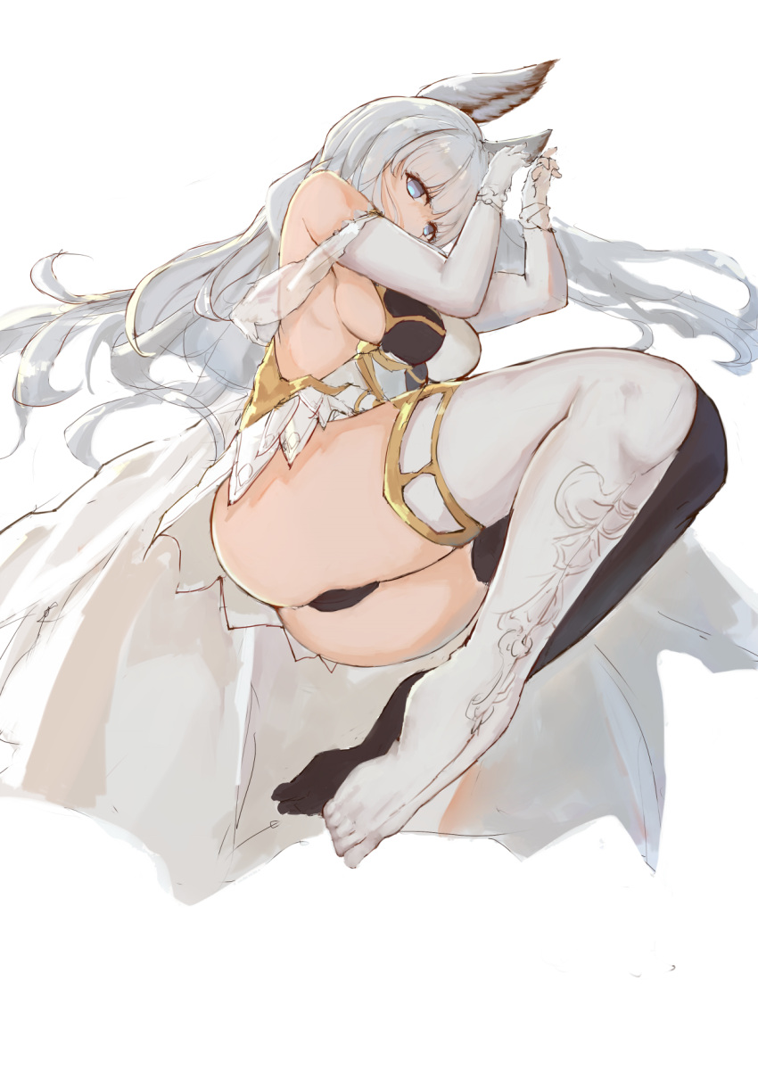 1girl animal_ears ass bare_shoulders elbow_gloves foodtoyc gloves granblue_fantasy highres korwa lying panties silver_hair solo thigh-highs underwear