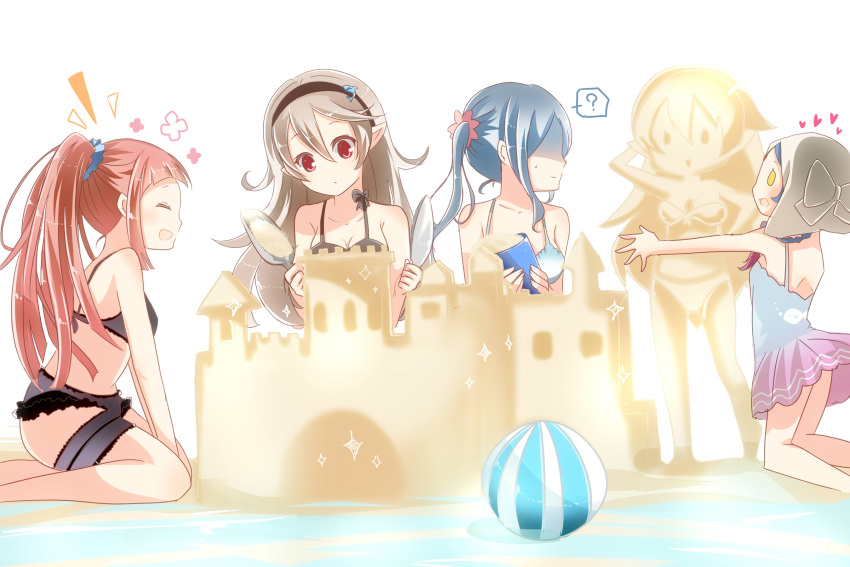 4girls ? ball beach beachball bikini black_bikini blue_bikini blue_hair braid facial_mark felicia_(fire_emblem_if) female_my_unit_(fire_emblem_if) fire_emblem fire_emblem_heroes fire_emblem_if flora_(fire_emblem_if) forehead_mark hair_between_eyes hairband happy heart highres intelligent_systems laughing lilith_(fire_emblem_if) long_hair multiple_girls my_unit_(fire_emblem_if) nintendo one-piece_swimsuit pointy_ears ponytail red_eyes rojiura-cat sand sand_castle sand_sculpture siblings single_braid sisters sparkle swimsuit twintails white_background yellow_eyes