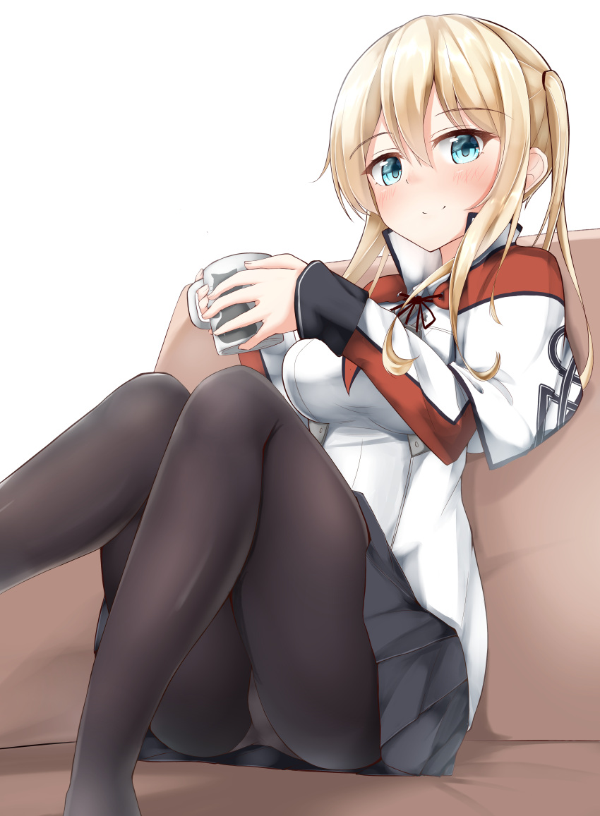 1girl absurdres black_skirt blue_eyes blush capelet collar couch cup drinking eyebrows_visible_through_hair graf_zeppelin_(kantai_collection) hair_between_eyes highres jacket kantai_collection long_sleeves looking_at_viewer moyoron panties pantyhose pantyshot pantyshot_(sitting) pleated_skirt simple_background sitting skirt sleeves_past_wrists smile solo twintails underbust underwear white_background white_jacket
