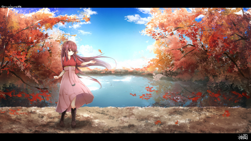 1girl autumn_leaves boots bow brown_eyes brown_hair cross-laced_footwear hair_bow highres japanese_clothes kamikaze_(kantai_collection) kantai_collection lace-up_boots lake leaf long_hair meiji_schoolgirl_uniform nanahane_fl pink_hakama scenery solo standing tree