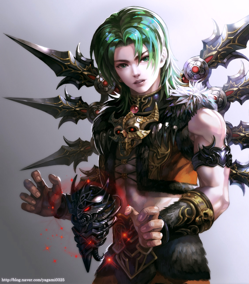 1boy armband blade floating_object gradient gradient_background green_eyes green_hair highres kim_yura_(goddess_mechanic) magic male_focus muscle priston_tale revision shaman_(priston_tale) solo upper_body vambraces vest watermark web_address