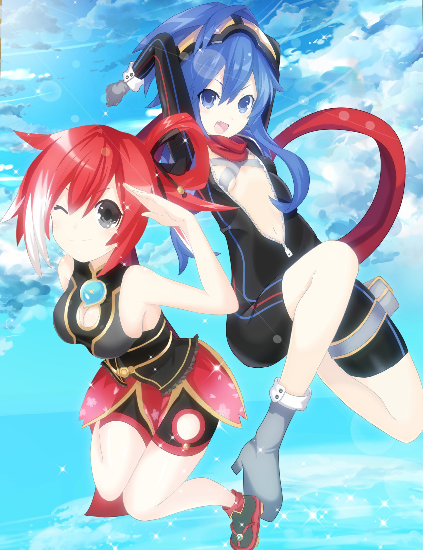 2girls absurdres bare_shoulders black_eyes blue_eyes blue_hair breasts cleavage fang flat_chest gloves goggles goggles_on_head hair_ornament highres long_hair looking_at_viewer multicolored_hair multiple_girls navel neptune_(series) nippon_ichi_(choujigen_game_neptune) one_eye_closed open_mouth ramu-on@_shinon red_(choujigen_game_neptune) redhead scarf smile two-tone_hair unzipped white_hair