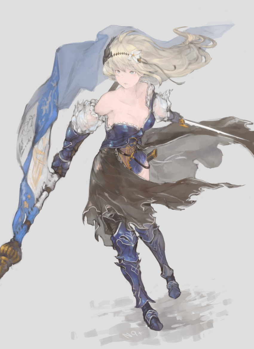 1girl absurdres ahoge armor armored_dress bangs bare_shoulders blonde_hair blue_eyes breasts cleavage collarbone detached_sleeves dress flag flower gauntlets granblue_fantasy greaves hair_between_eyes hair_flower hair_ornament hairband highres holding jeanne_d'arc_(granblue_fantasy) lily_(flower) long_hair n9+ short_dress silver_background simple_background solo standing torn_clothes