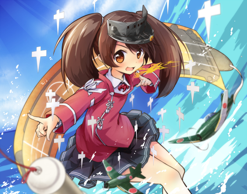 1girl :d aircraft airplane brown_eyes brown_hair commentary_request error flight_deck hat japanese_clothes jewelry kantai_collection kariginu magatama ocean onmyouji open_mouth pleated_skirt pointing revision ring ryuujou_(kantai_collection) scroll shikigami skirt sky smile solo tobi_(nekomata_homara) twintails visor_cap wedding_band