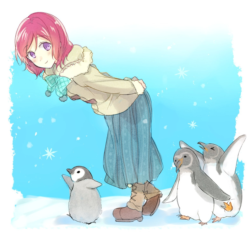 &gt;_&lt; 1girl arms_behind_back arms_up bird boots closed_eyes coat full_body fur_trim highres kakizato leaning_forward long_skirt looking_at_viewer love_live! love_live!_school_idol_project nishikino_maki penguin redhead skirt smile snowflakes violet_eyes winter_clothes winter_coat