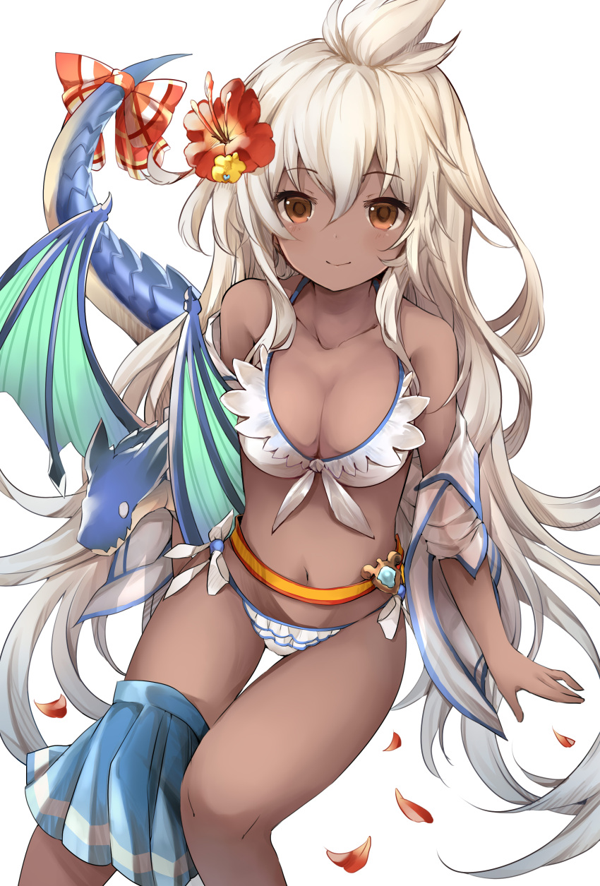 1girl absurdres ahoge alternate_costume arm_support bare_arms bare_shoulders bikini breasts cleavage clothes_down dark_skin dragon flower frilled_bikini frills from_above granblue_fantasy hair_between_eyes hair_flower hair_ornament hibiscus highres long_hair looking_at_viewer medium_breasts midriff navel red_eyes ribbon shiodome_oji sitting skirt skirt_around_one_leg smile swimsuit tail tail_ribbon the_order_grande thigh_gap thighs white_bikini white_hair