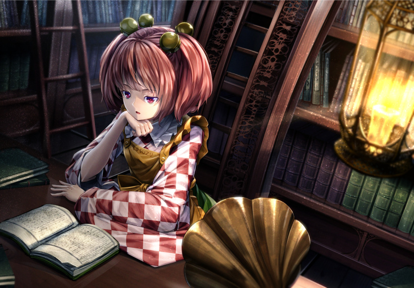 1girl apron arm_support bell book bookshelf character_name checkered_kimono chin_rest clothes_writing commentary elbow_rest forbidden_scrollery hair_bell hair_ornament indoors ladder lamp library light_particles long_sleeves motoori_kosuzu open_book open_mouth phonograph reading red_eyes redhead romaji ryosios short_hair solo table touhou twintails