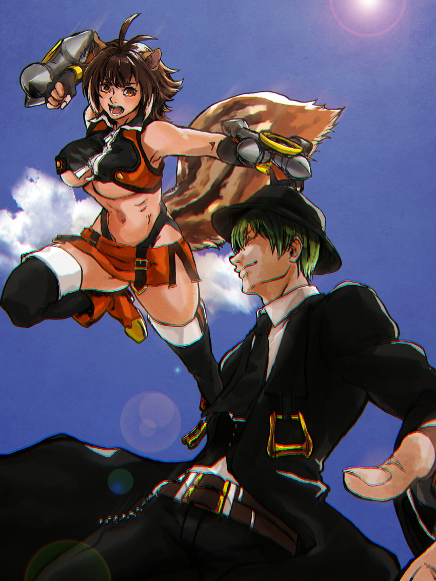 1boy 1girl angry animal_ears antenna_hair armpits bare_shoulders black_gloves black_legwear blazblue breasts brown_hair chromatic_aberration closed_eyes clouds cloudy_sky crop_top cryolite evil_grin evil_smile fedora fighting fingerless_gloves formal from_below gloves green_hair grin hat hazama highleg highres large_breasts lens_flare light_particles makoto_nanaya microskirt midriff multicolored_hair navel necktie orange_eyes orange_skirt punching revealing_clothes short_hair side_slit skirt sky smile squirrel_ears squirrel_tail suit tail thigh-highs tonfa two-tone_hair under_boob weapon