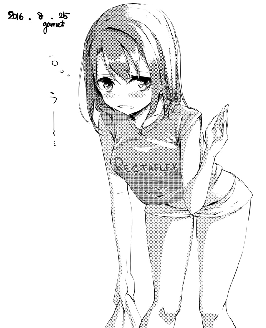 1girl 2016 blush clothes_writing dated garnet greyscale highres holding leaning_forward midriff monochrome number original parted_lips shirt short_shorts shorts signature solo standing