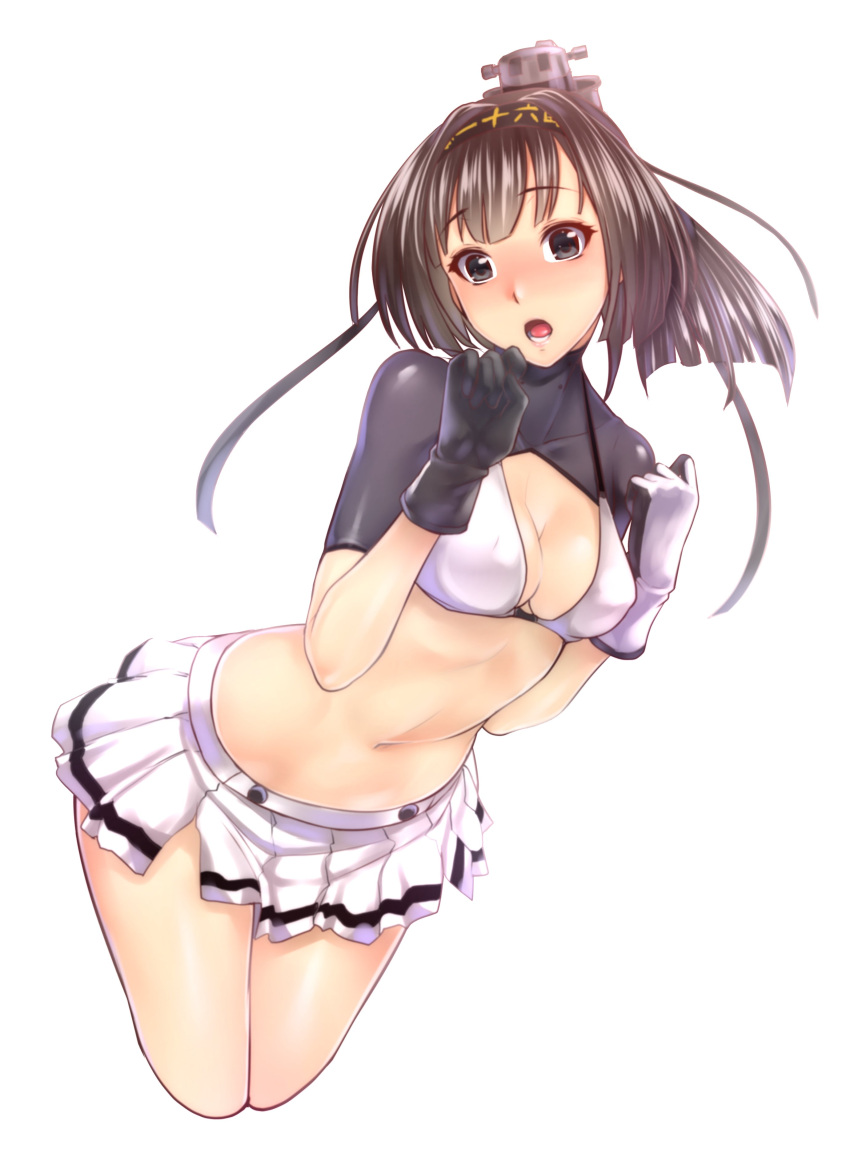 1girl :o absurdres adapted_costume akizuki_(kantai_collection) alternate_eye_color bikini_top black_eyes black_gloves black_hair blush breasts brown_hair gloves hachimaki hair_ornament hairband headband highres kantai_collection leaning_forward long_hair looking_at_viewer multicolored_gloves navel open_mouth pleated_skirt ponytail short_sleeves simple_background skirt small_breasts solo white_background white_bikini_top white_gloves white_skirt zucchini