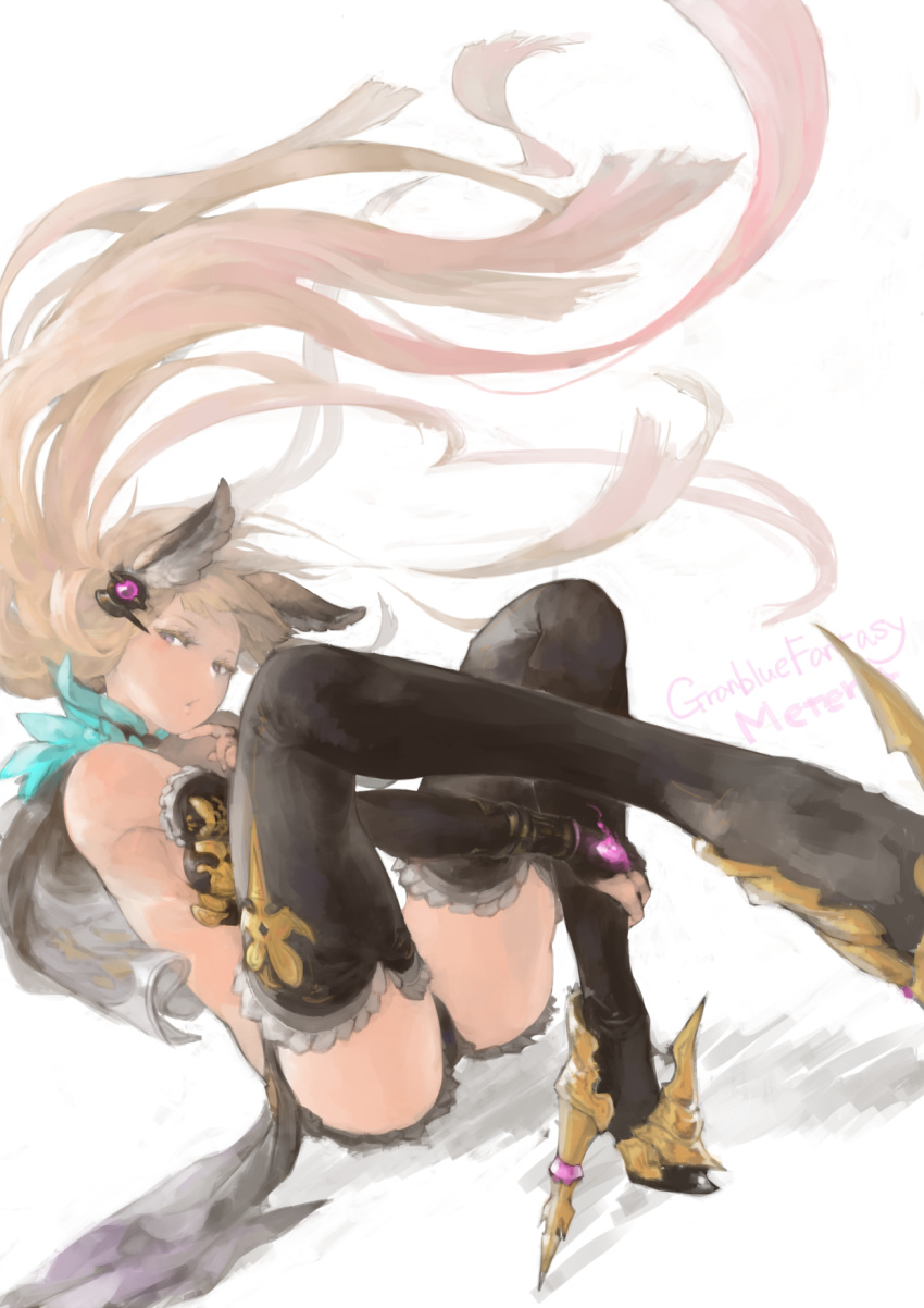 1girl adapted_costume animal_ears bare_shoulders black_legwear blonde_hair bridal_gauntlets cat_ears character_name copyright_name detached_sleeves finger_to_chin frilled_legwear granblue_fantasy hair_ornament high_heels highres leg_up leotard long_hair long_sleeves looking_to_the_side metella_(granblue_fantasy) n9+ pink_eyes shadow simple_background sitting solo text thigh-highs very_long_hair white_background