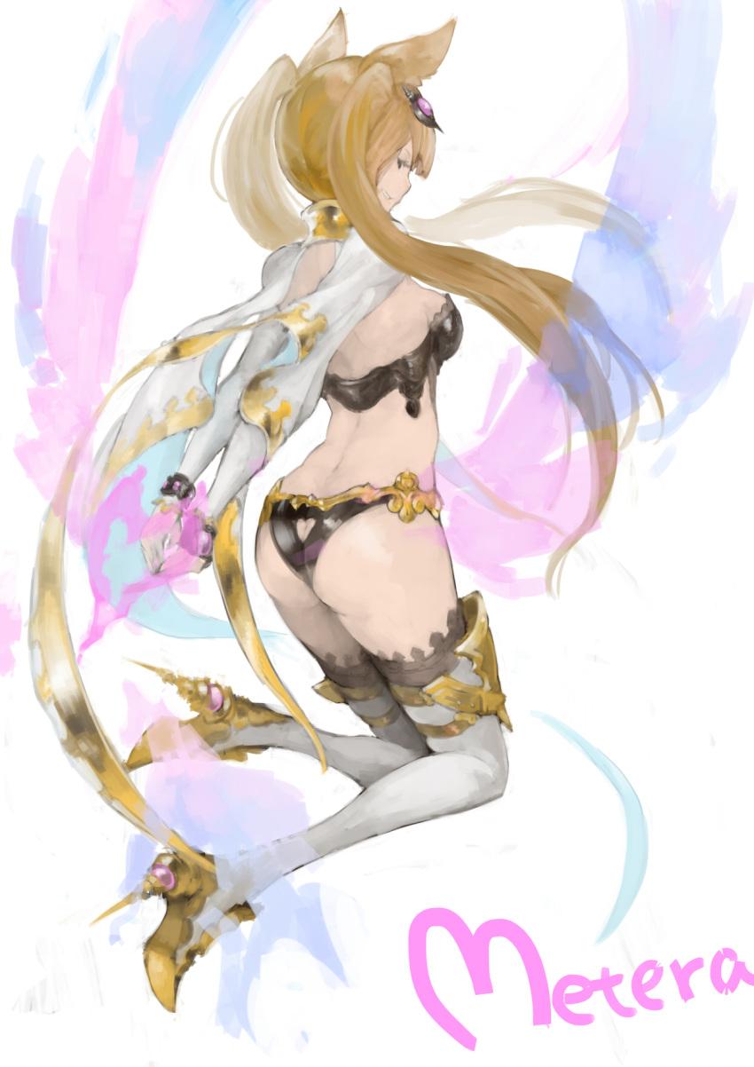 1girl animal_ears arms_behind_back ass ass_cutout black_eyes blonde_hair bow_(weapon) breasts cat_ears character_name detached_sleeves full_body granblue_fantasy grin hair_ornament heart_cutout high_heels highres kneeling leotard long_hair long_sleeves metella_(granblue_fantasy) n9+ simple_background small_breasts smile solo text thigh-highs twintails weapon white_background white_legwear