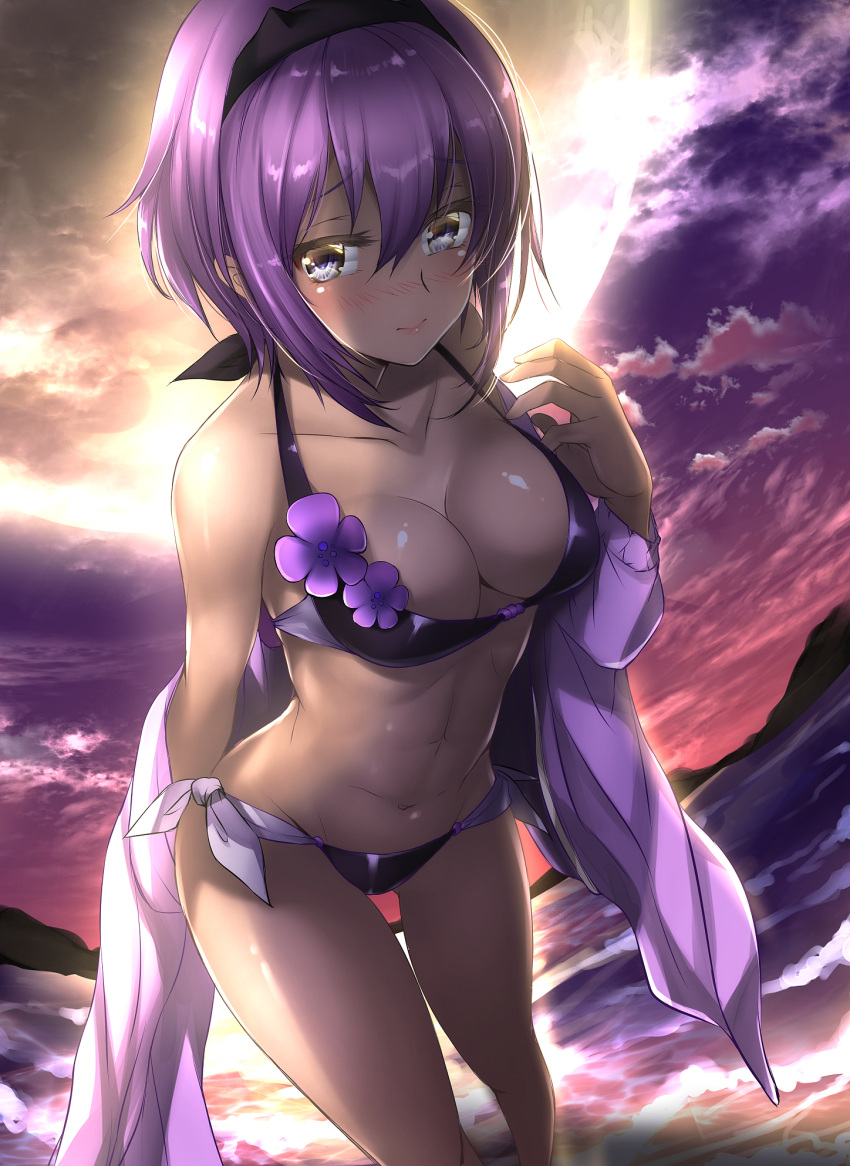 1girl assassin_(fate/prototype_fragments) bangs bikini blush breasts cleavage closed_mouth clouds cloudy_sky dark_skin embarrassed fate/grand_order fate/prototype fate/prototype:_fragments_of_blue_and_silver fate_(series) flower full_moon hairband highres looking_at_viewer medium_breasts mia_(gute-nacht-07) midriff moon navel night purple_bikini purple_hair short_hair side-tie_bikini sky solo swimsuit undressing violet_eyes