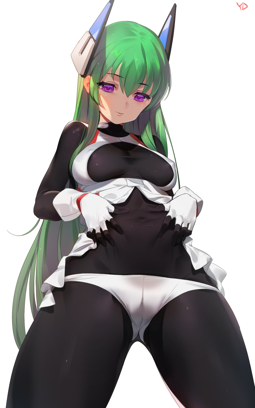 1girl absurdres artist_name ass_visible_through_thighs bodysuit borrowed_character breasts covered_navel eyebrows eyebrows_visible_through_hair gloves green_hair half-closed_eyes headgear highres long_hair looking_at_viewer medium_breasts menou_kaname original signature simple_background skin_tight smile solo standing violet_eyes white_background white_gloves yang-do