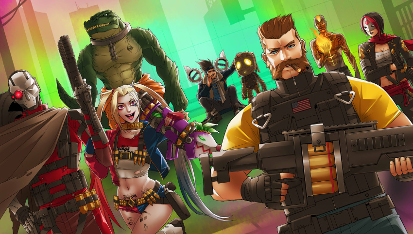 2girls 6+boys absurdres american_flag amumu bandages brand_(league_of_legends) breasts bullet captain_boomerang choker cigar cleavage commentary cosplay creature dc_comics draven exaxuxer fingerless_gloves fiora_laurent flat_chest gloves glowing glowing_eye gradient_hair grenade_launcher grin group_picture gun hand_on_hilt handgun harley_quinn harley_quinn_(cosplay) helmet highres holding holding_gun holding_weapon jacket jhin jinx_(league_of_legends) katana_(dc) league_of_legends leg_up long_hair looking_at_viewer malcolm_graves mask medium_breasts midriff multicolored_hair multiple_boys multiple_girls navel open_clothes open_jacket pink_eyes prison_clothes renekton rocket_launcher round_teeth running sarashi sharp_teeth shirtless short_shorts shorts sideburns sitting smile standing stomach suicide_squad sword tatto teeth trigger_discipline twintails two-tone_hair weapon