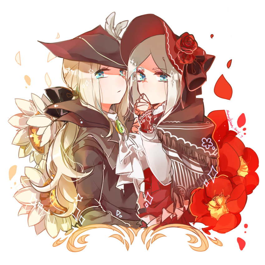 2girls ascot blonde_hair bloodborne blue_eyes covered_mouth flower gem hair_flower hair_ornament hair_ribbon hat highres lady_maria_of_the_astral_clocktower long_hair looking_at_viewer multiple_girls petals plain_doll ponytail ribbon rose rose_petals sunflower the_old_hunters white_hair