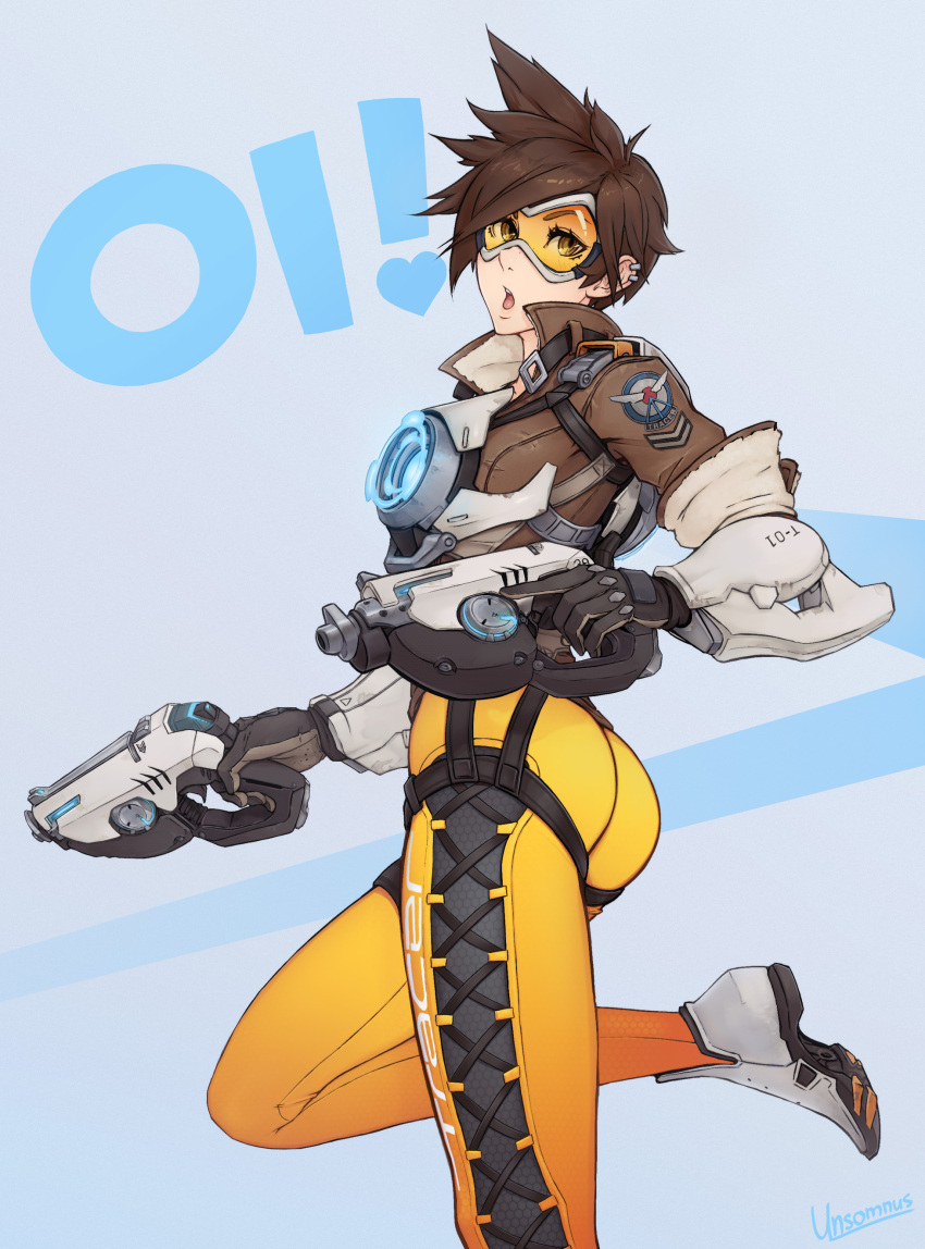 1girl absurdres ass bodysuit bomber_jacket brown_eyes brown_hair brown_jacket gloves goggles gun handgun highres jacket looking_at_viewer overwatch short_hair simple_background solo spiky_hair tracer_(overwatch) unsomnus very_short_hair weapon