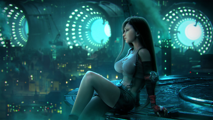 1girl arm_support bare_legs black_hair blurry breasts city cleavage crop_top depth_of_field elbow_gloves elbow_pads final_fantasy final_fantasy_vii fingerless_gloves gloves highres large_breasts midriff miniskirt navel realistic scenery skirt solo suspenders tank_top tifa_lockhart toned wen_jr