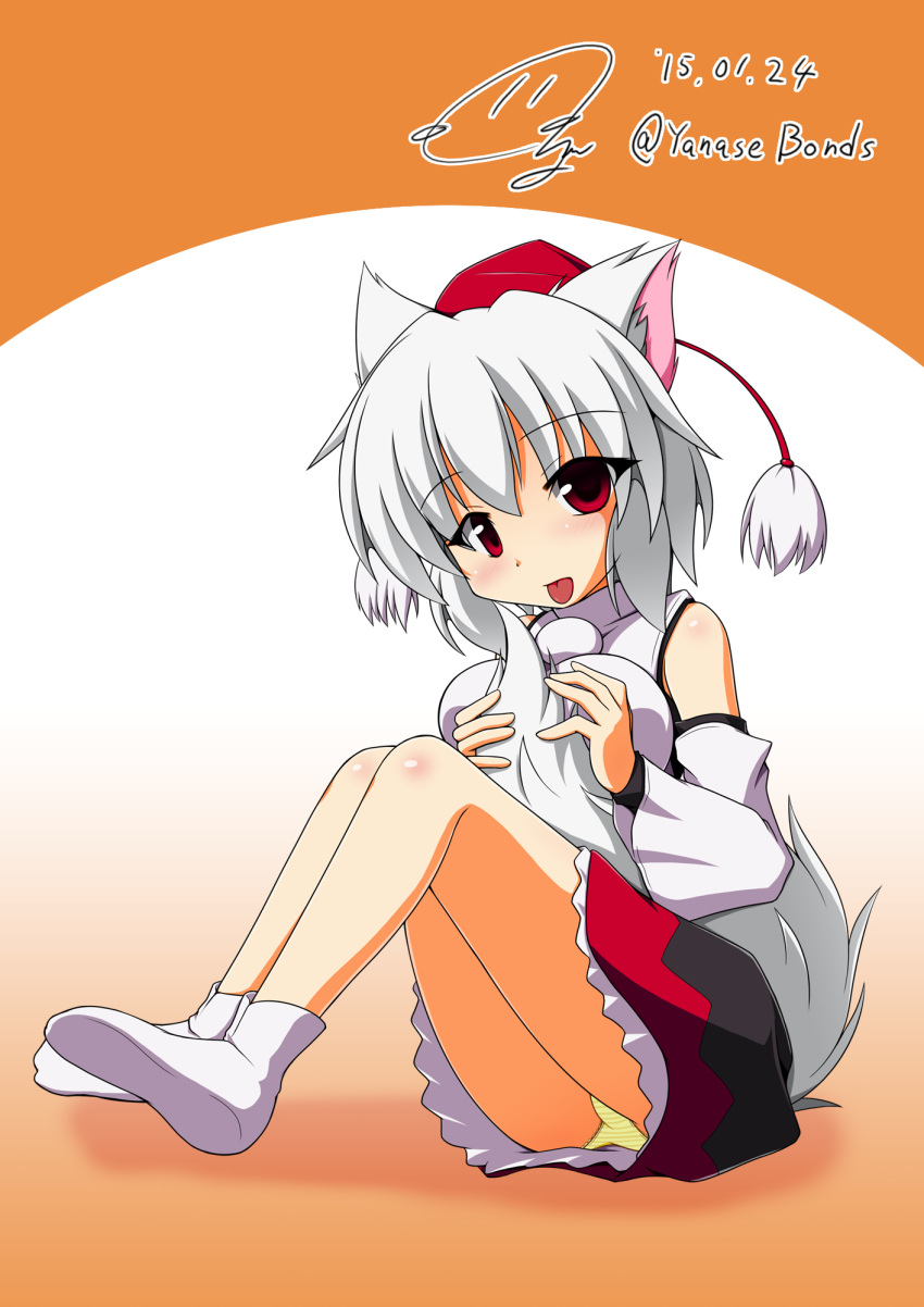 1girl animal_ears bare_shoulders blush breasts dated detached_sleeves hat highres inubashiri_momiji kurenaidahlia large_breasts looking_at_viewer panties pantyshot pom_pom_(clothes) red_eyes short_hair signature silver_hair sitting solo striped striped_panties tail tokin_hat tongue tongue_out touhou underwear wolf_ears wolf_tail