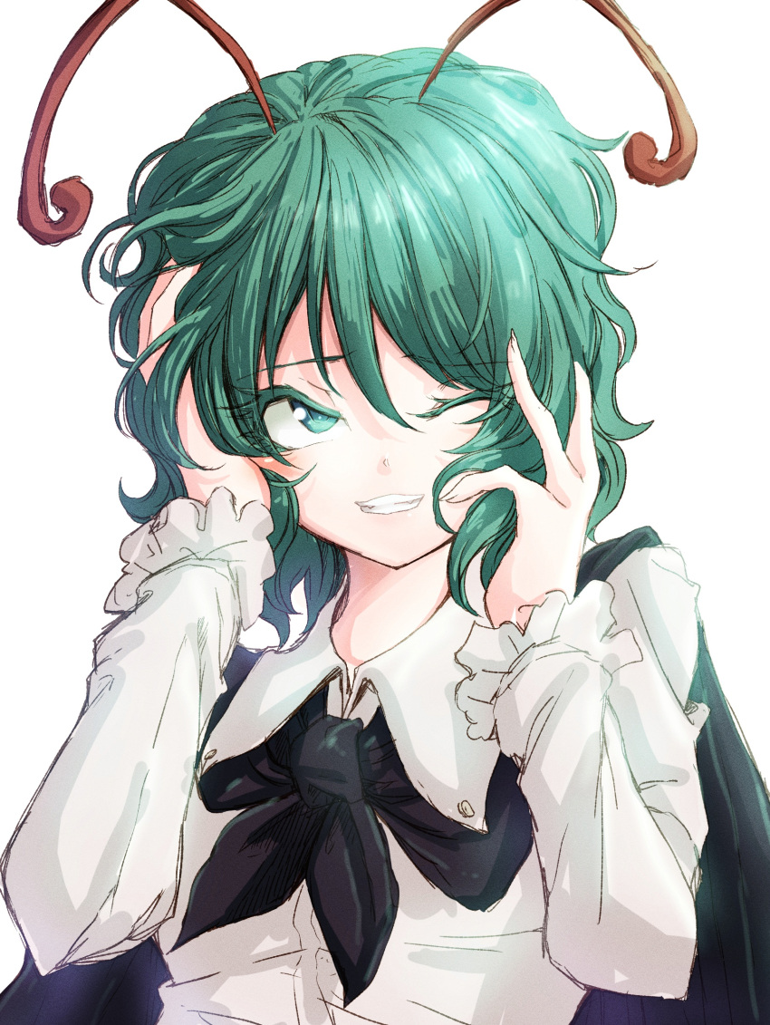 1girl alternate_hairstyle antennae black_cape colored_eyelashes darjeeling_(reley) green_eyes green_hair grin hair_between_eyes hand_in_hair highres long_sleeves messy_hair one_eye_closed shirt short_hair simple_background smile solo touhou upper_body wavy_hair white_background white_shirt wing_collar wriggle_nightbug